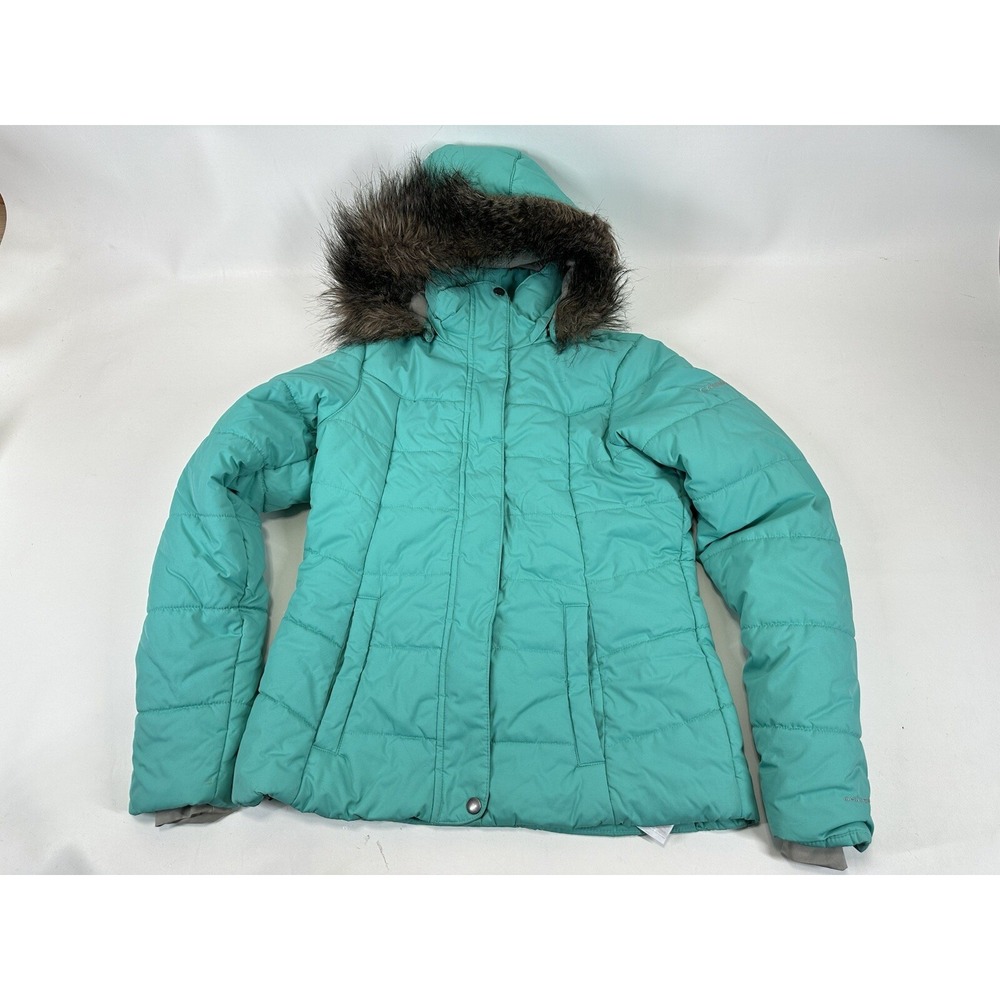 Columbia Women's Puffer Coat Parka Teal Size S Removable Faux Fur Trim Hood